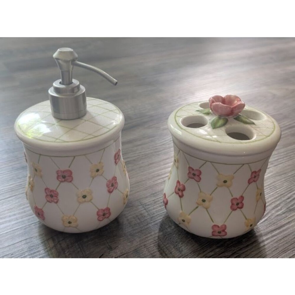 Longaberger Dainty Dogwood hand-painted stoneware soap dispenser  tumbler set